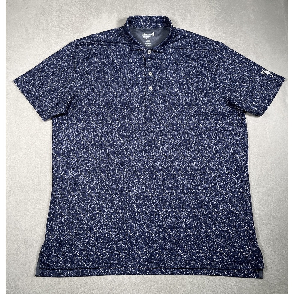 Johnnie-O Mens Large Performance Polo Shirt Navy Blue Beach Surfer UPF 50 Golf - Picture 1 of 8